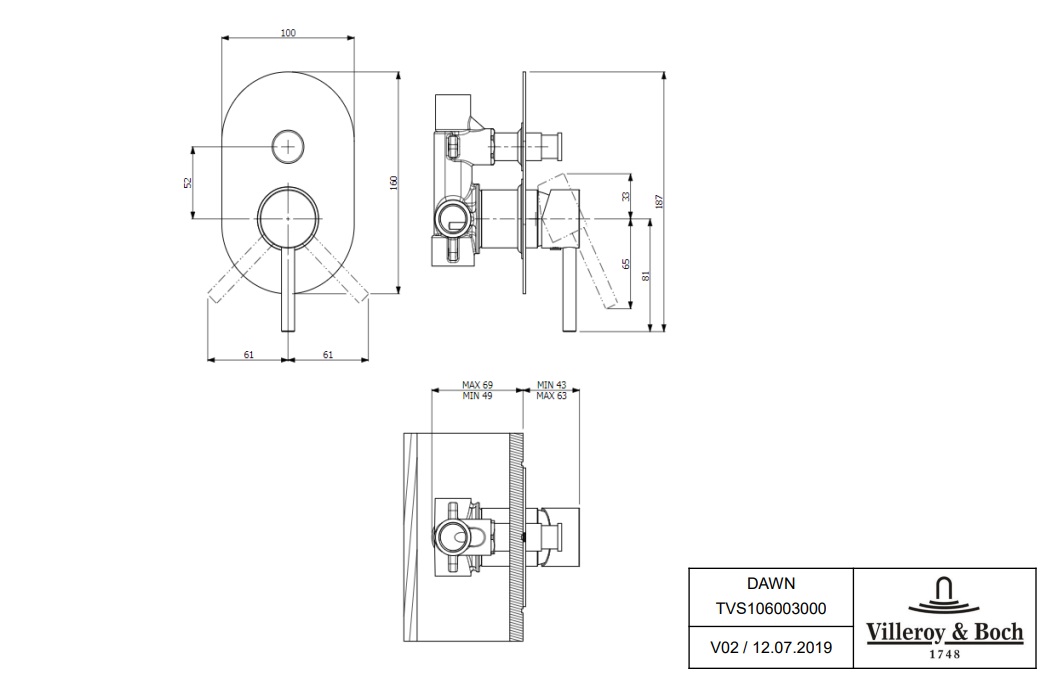 Смеситель для ванны с душем Villeroy & Boch Dawn TVS10600300061 хром