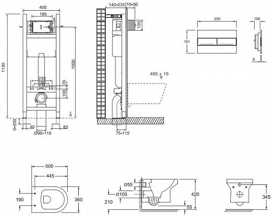 Комплект унитаза с инсталляцией Jacob Delafon Elite E21755RU-00 с сиденьем микролифт, кнопка белая