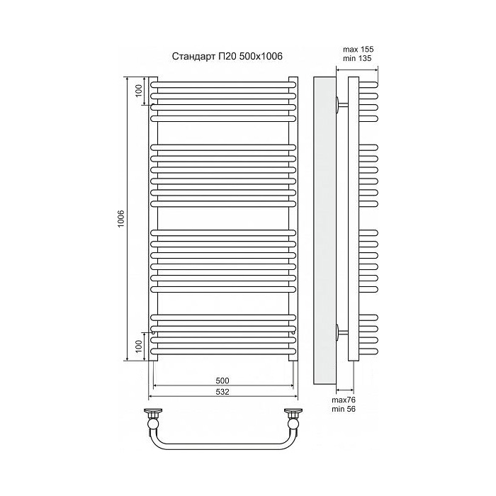 Полотенцесушитель электрический Terminus Стандарт П20 500x1006, ТЭН HT-1 300W, левый/правый