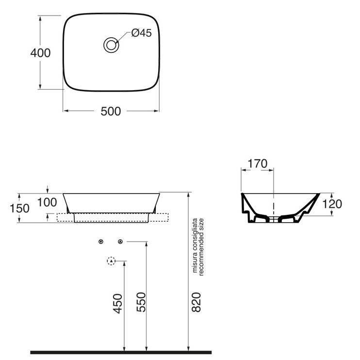 Раковина полувстраиваемая 50см Azzurra Prua PRU50/IN bi*0 белый