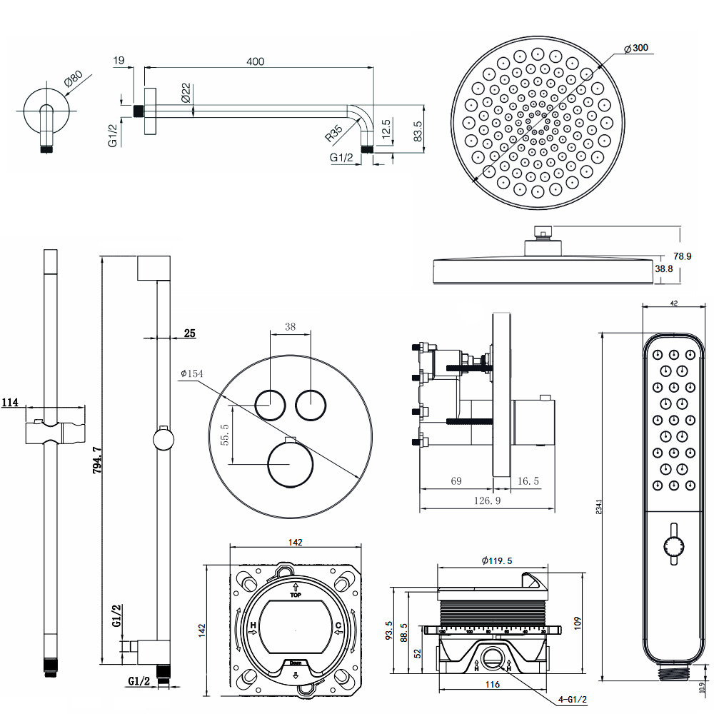 Встраиваемая душевая система с термостатом AQUAme AQM8401GM вороненая сталь