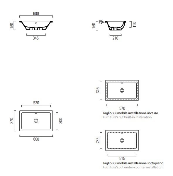 Раковина встраиваемая сверху 60см GSI Kube X 895311 белая