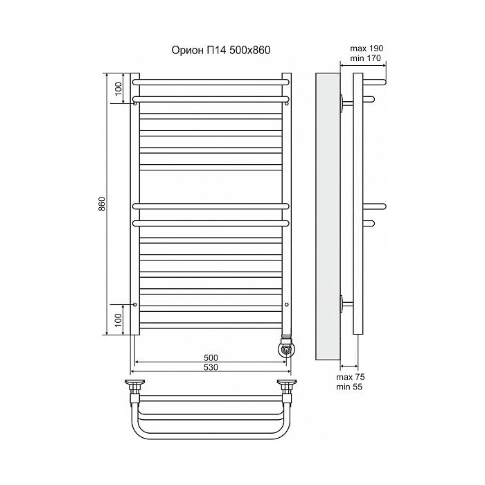 Полотенцесушитель электрический Terminus Орион П14 500x860, ТЭН HT-1 300W, левый/правый