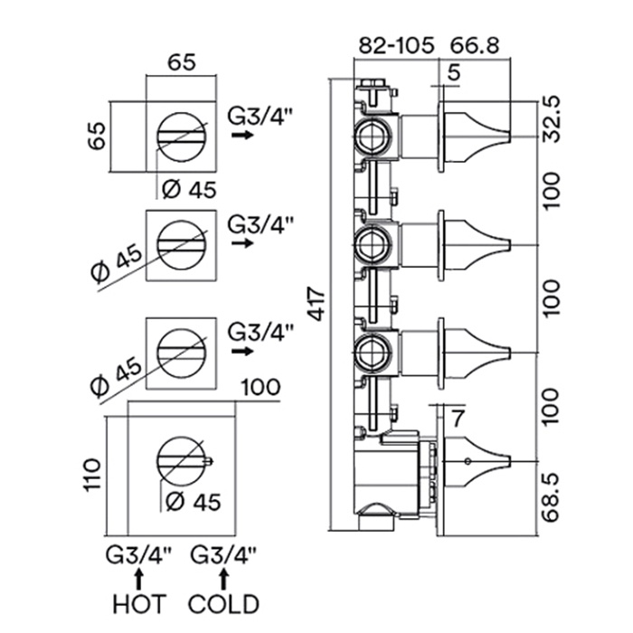 Термостат для душа на 3-6 потребителей Bossini Apice Z035205.030 хром