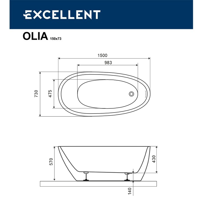 Ванна акриловая EXCELLENT Olia 2.0 150x73