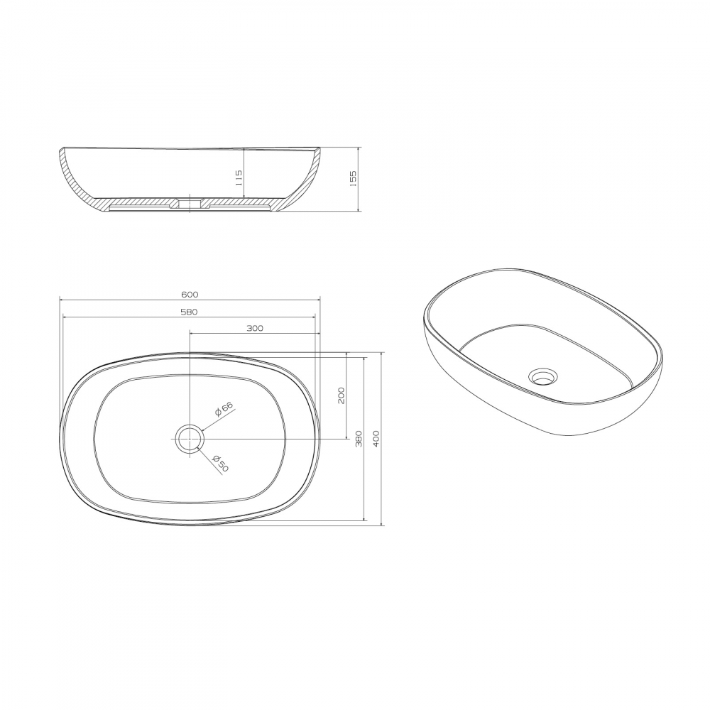 Раковина накладная 60см ABBER Kristall AT2805Opal коричневый