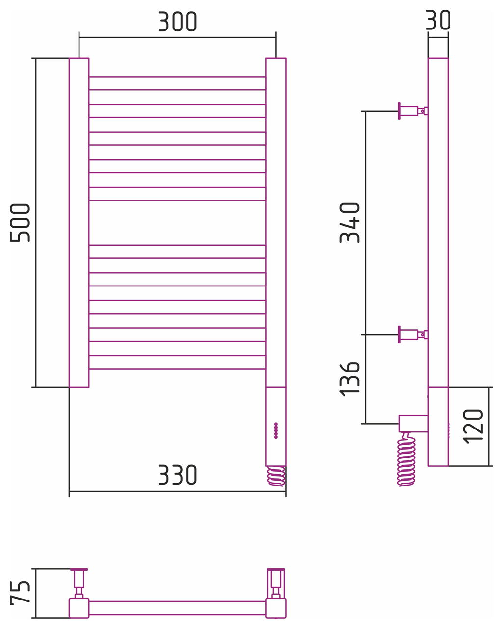 Полотенцесушитель электрический Сунержа Модус 3.0 50х30 черный матовый, правый ТЭН