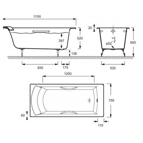 Чугунная ванна Jacob Delafon Biove 170x75 см без ручек