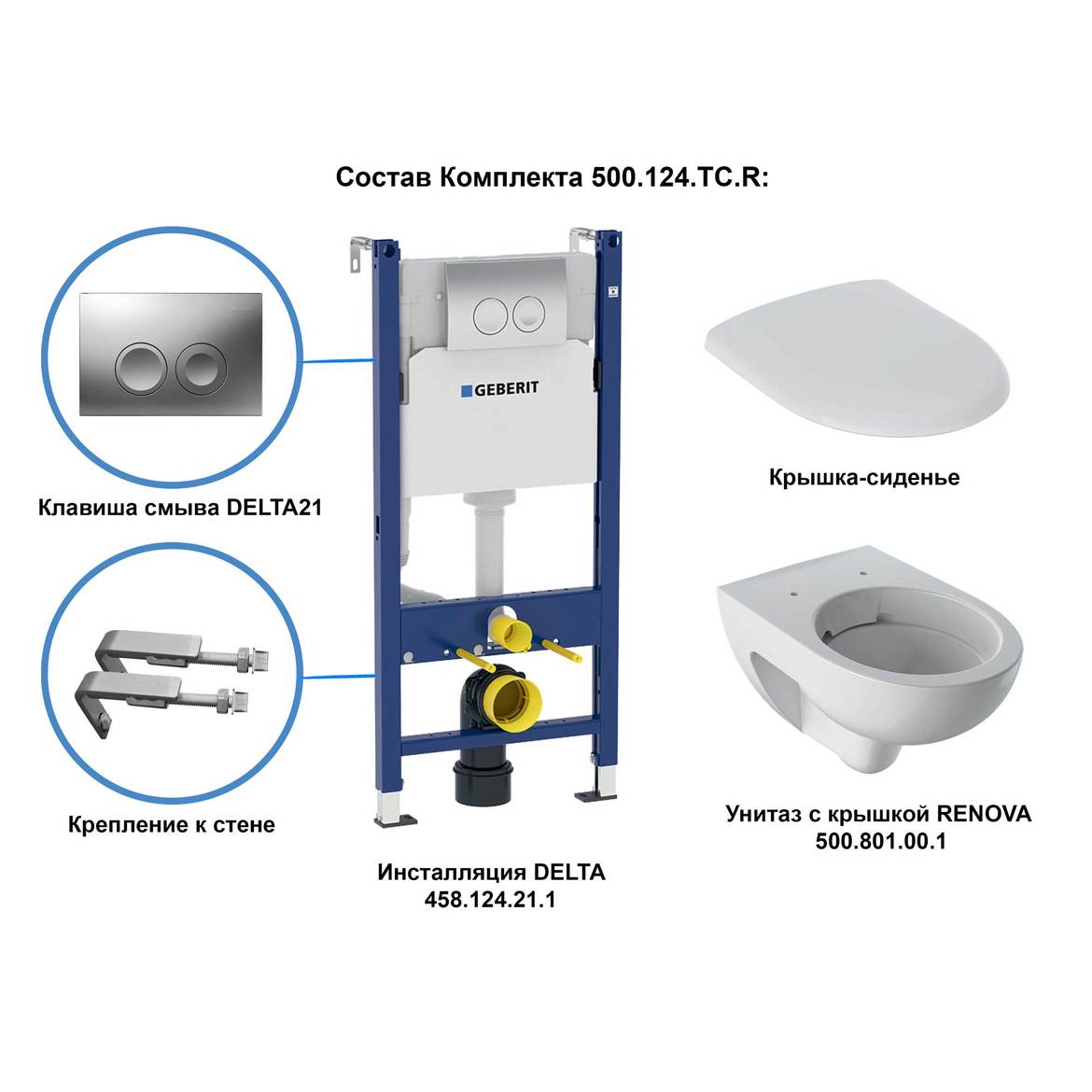 Унитаз безободковый с инсталляцией и клавишей смыва GEBERIT Renova 500.124.TC.R сиденье микролифт