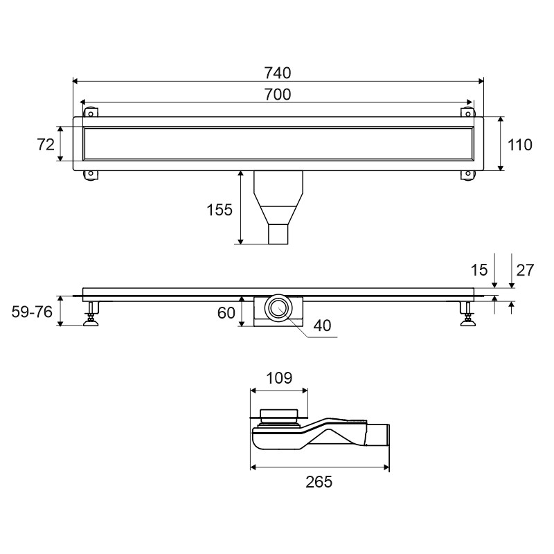 Душевой лоток EXCELLENT Stilio 70 см. под облицовку плиткой (хром)