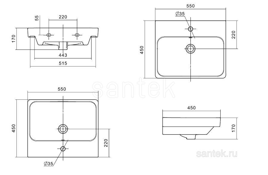 Раковина Santek Адриана 55 отверстие под смеситель 1WH501620