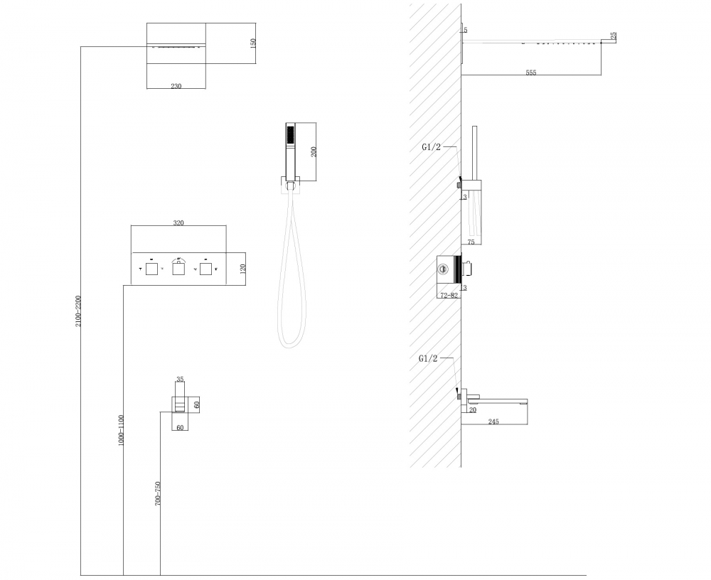 Душевая система ABBER Daheim AF8253B скрытого монтажа с изливом, термостат, черный матовый