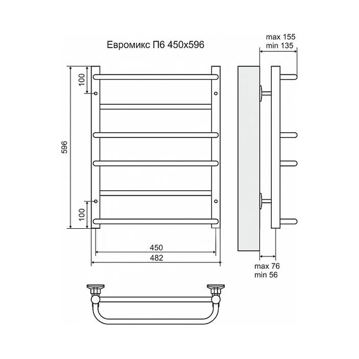 Полотенцесушитель электрический Terminus Евромикс П6 450x596, ТЭН HT-1 300W, левый/правый