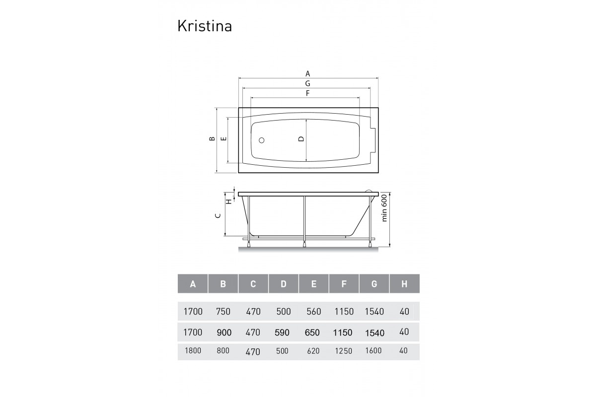 Ванна акриловая Relisan KRISTINA Гл000008873, 170x75