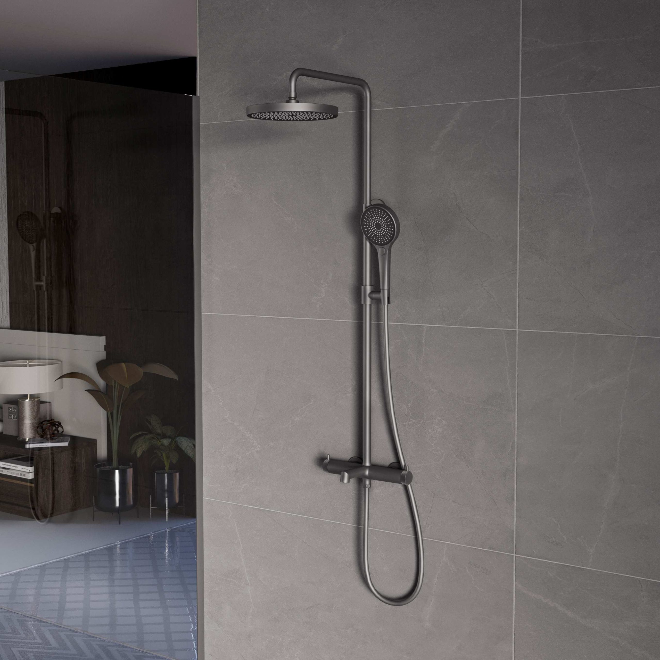 Душевая стойка со смесителем Vincea Rim VSFS-2RM1GM вороненая сталь