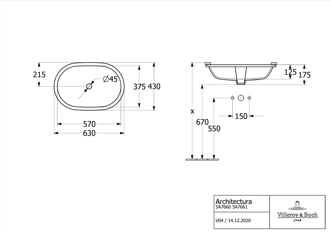 Раковина встраиваемая снизу 57 см Villeroy & Boch Architectura 5A766001 белый