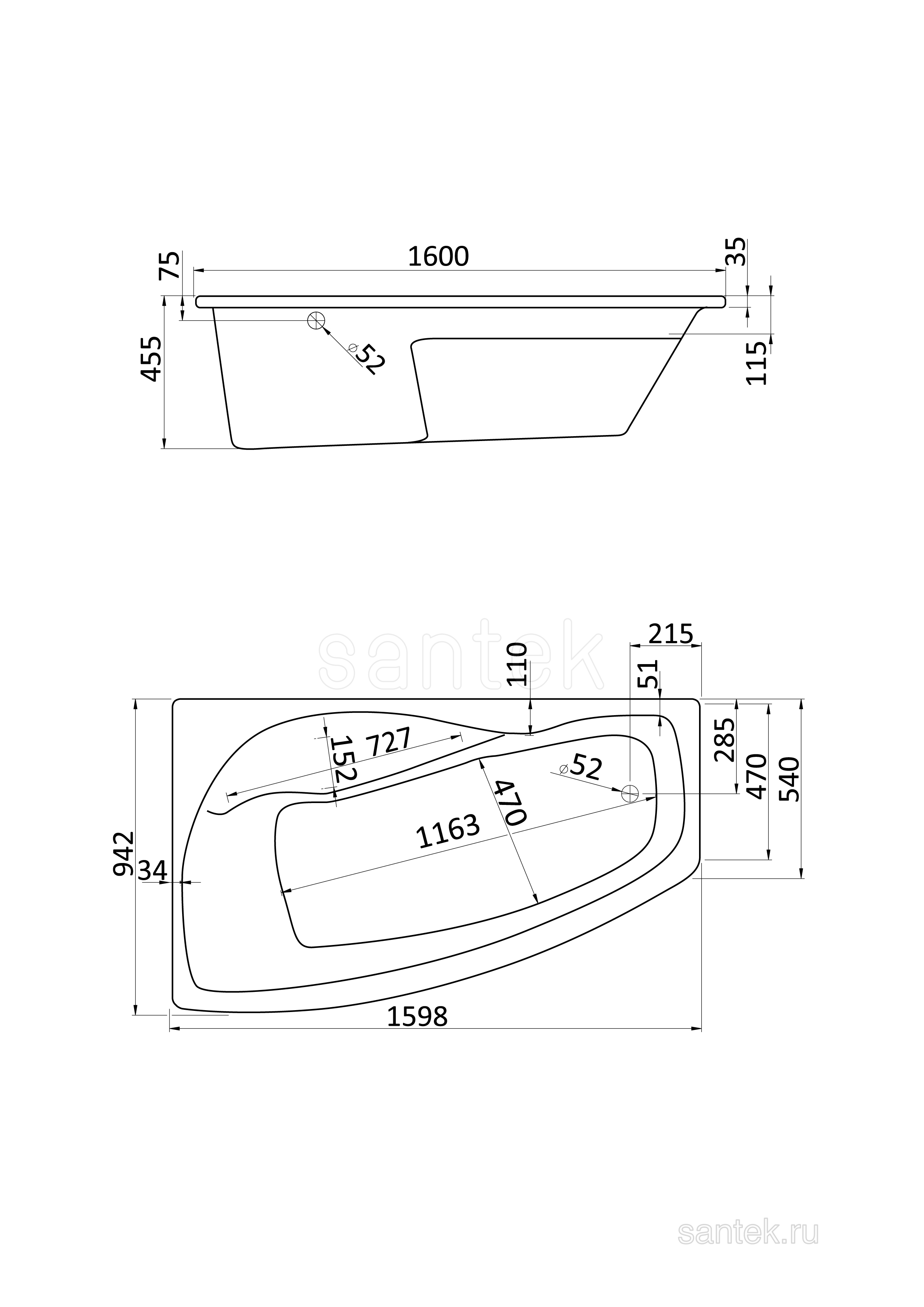 Акриловая ванна Santek Майорка XL 160х95 L асимметричная белая 1WH111991