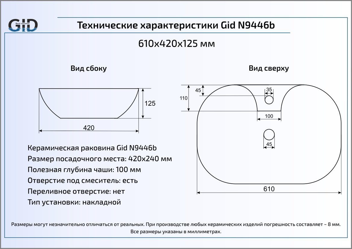 Раковина накладная 61см Gid N9446b белый