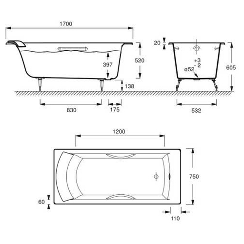 Чугунная ванна Jacob Delafon Biove 170x75 см с ручками