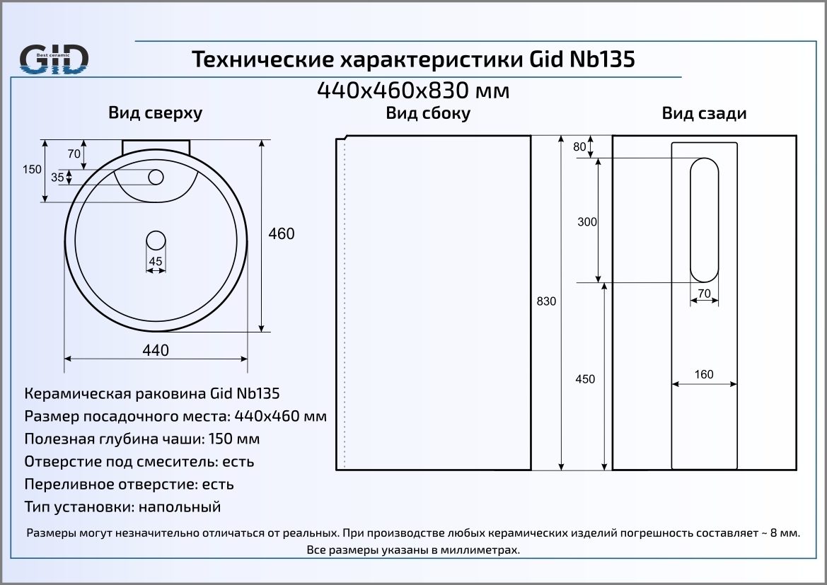 Раковина напольная 44см Gid Nb135 белый