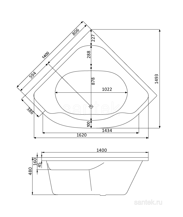 Акриловая ванна Santek Мелвилл 140х140 симметричная белая 1WH302402