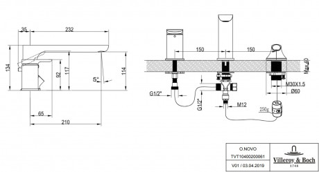 Смеситель для ванны с душем Villeroy & Boch O.Novo TVT10400200061 хром