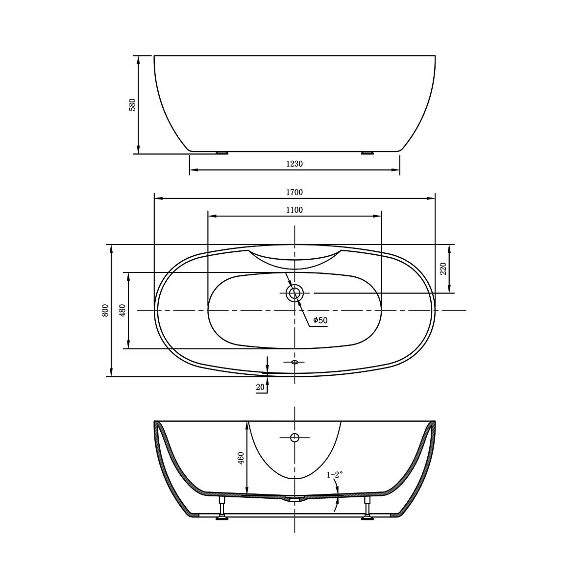 Ванна акриловая Vincea VBT-405B-1700, 1700*800*580, цвет белый, слив-перелив в комплекте, хром