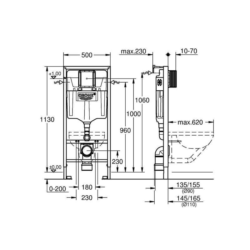 Инсталляция для подвесных унитазов Grohe Rapid SL 38536001 с крепежом к стене
