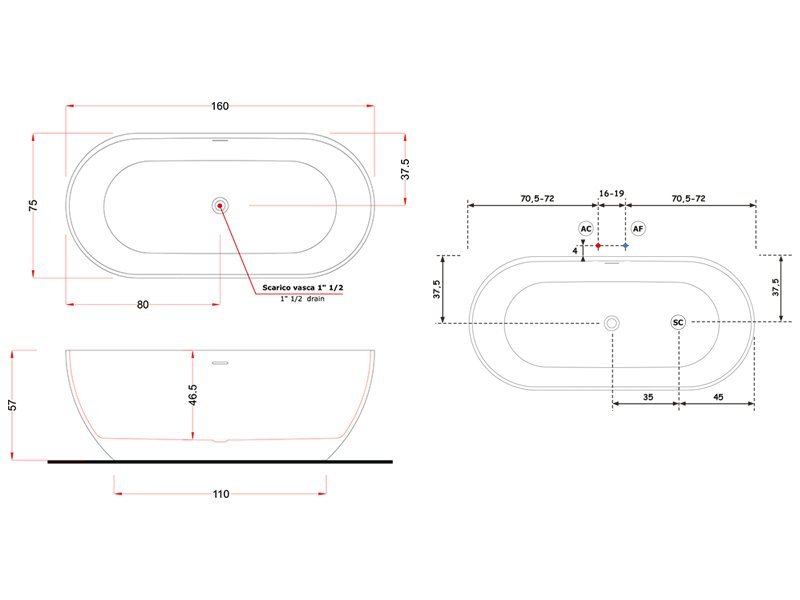 Ванна отдельностоящая Gruppo Treesse Cilvia 170 иск. камень, белый глянцевый