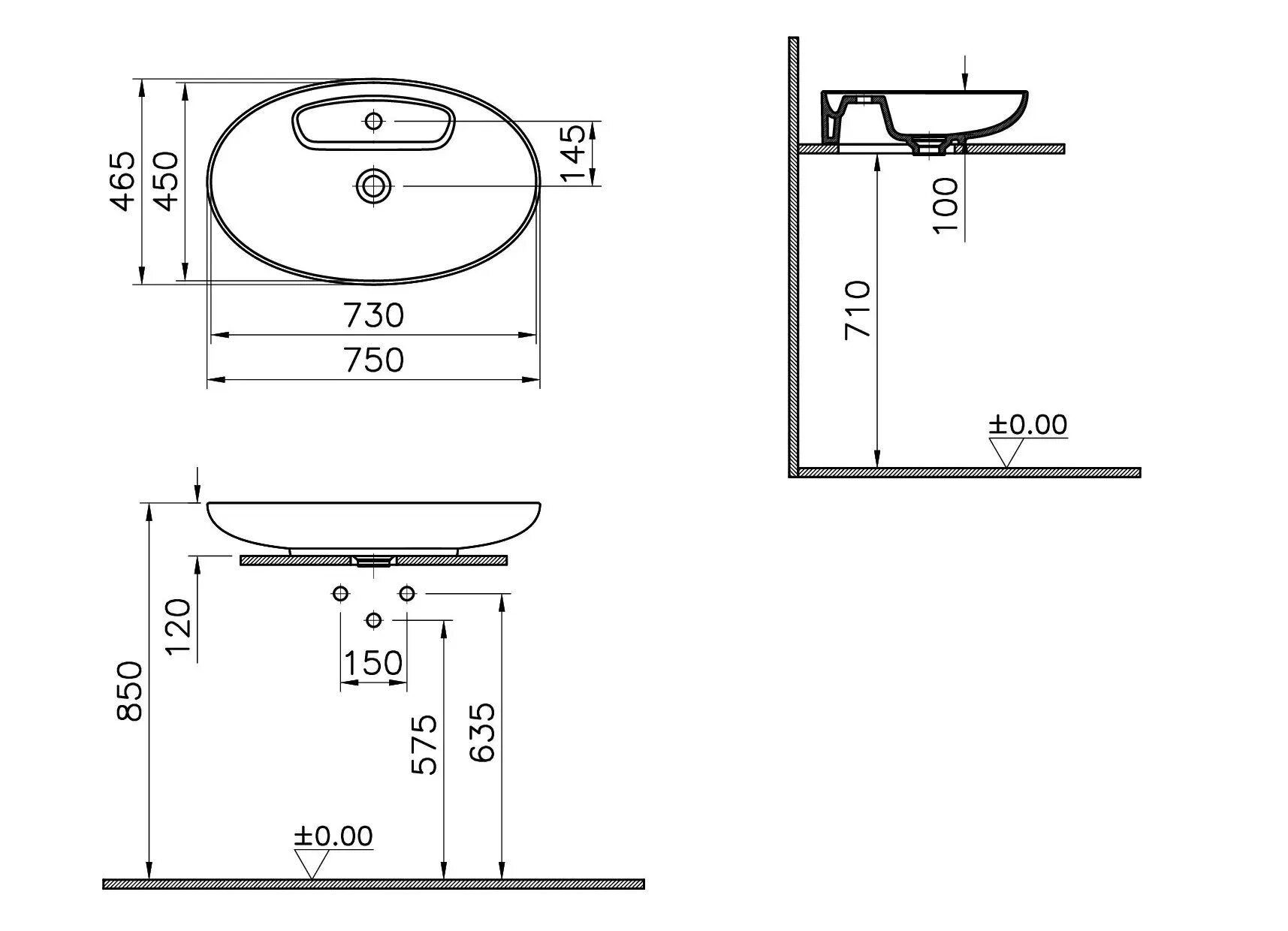 Раковина накладная 75см Vitra Memoria 5881B403-0563 белый