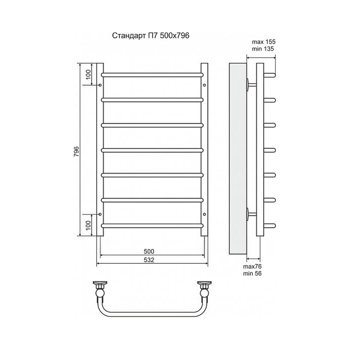 Полотенцесушитель электрический Terminus Стандарт П7 500x796, ТЭН HT-1 300W, левый/правый