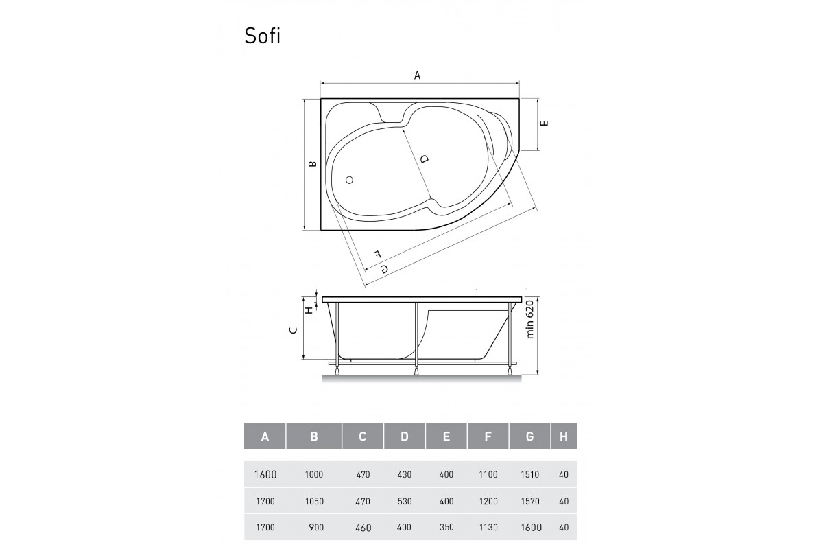 Ванна акриловая левосторонняя Relisan SOFI Гл000009446, 170x105