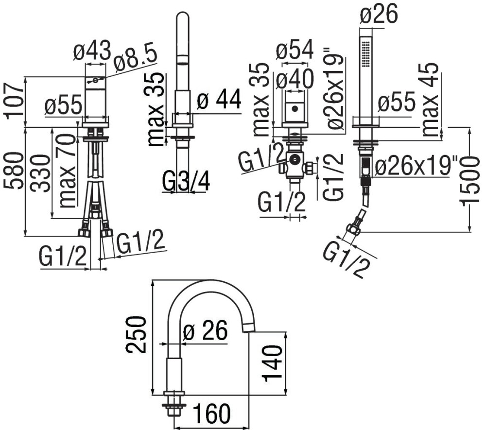 Смеситель для ванны с душем Nobili Live WEBK110/9TBM черный матовый
