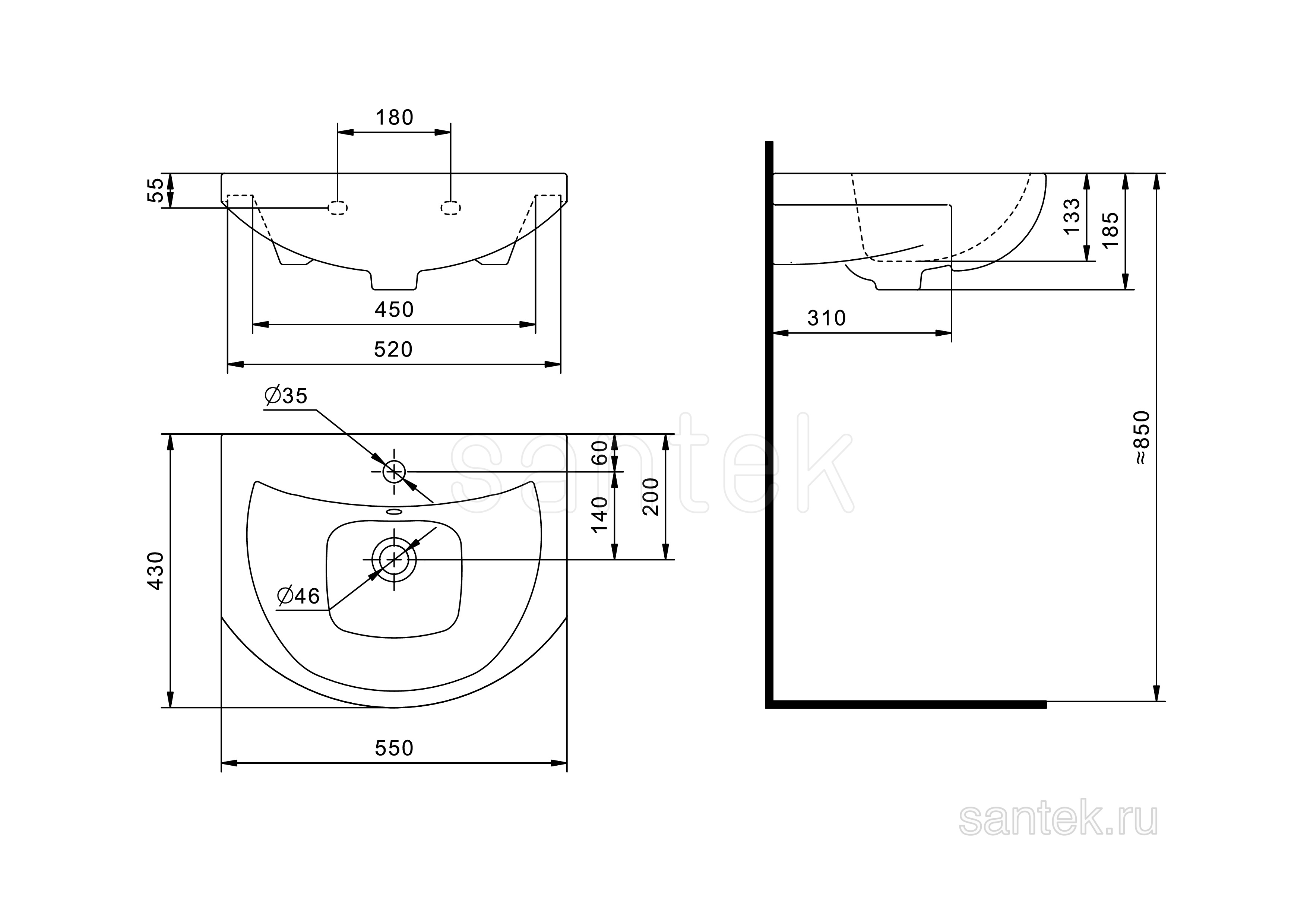 Раковина Santek Балтика 55 отверстие под смеситель 1WH501702