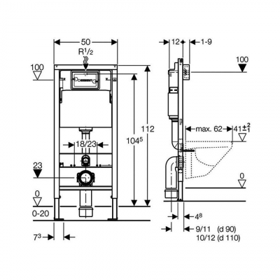 Унитаз с инсталляцией подвесной GEBERIT Renova 500.103.DW.R с горизонтальным выпуском