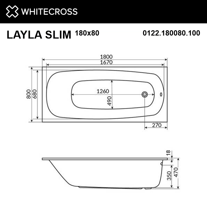 Ванна WHITECROSS Layla Slim 180x80 акрил
