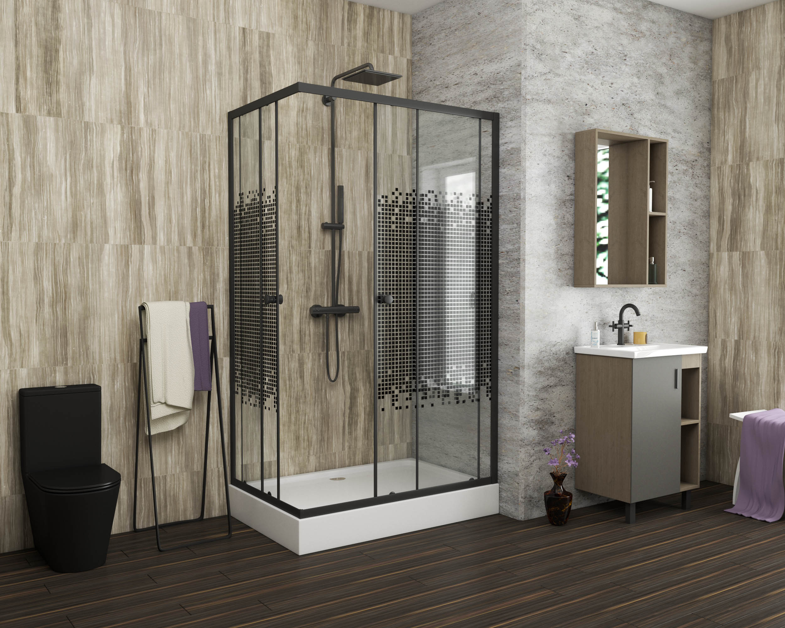 Душевой угол Niagara NG- 012-14Q BLACK 120x80x195 профиль черный, стекло с узором