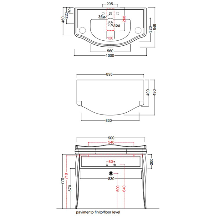Раковина подвесная на 3 отверстия 100см Kerasan Retro 105001*3 белый