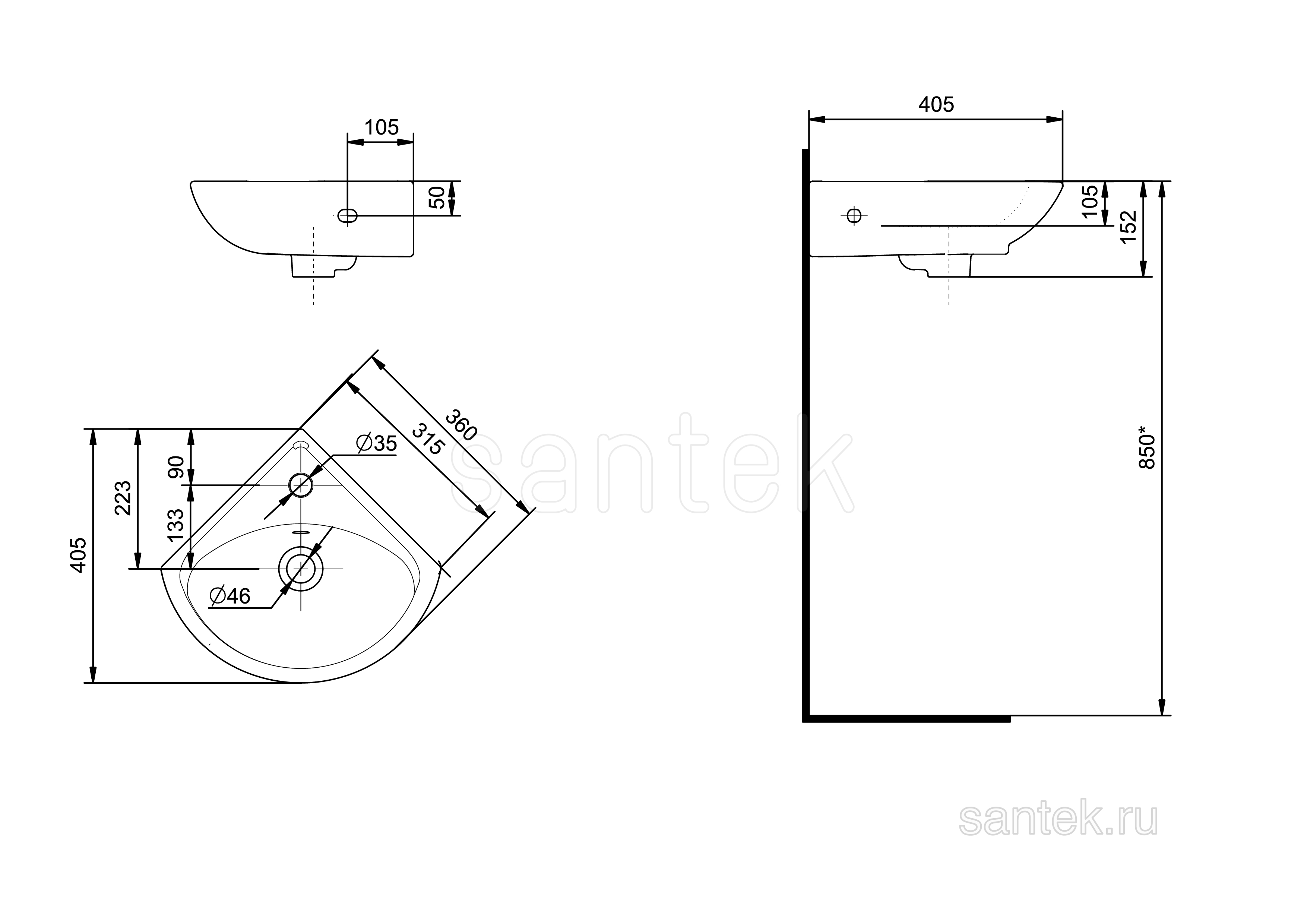 Угловая раковина Santek Ирис 36 отверстие под смеситель 1WH110514