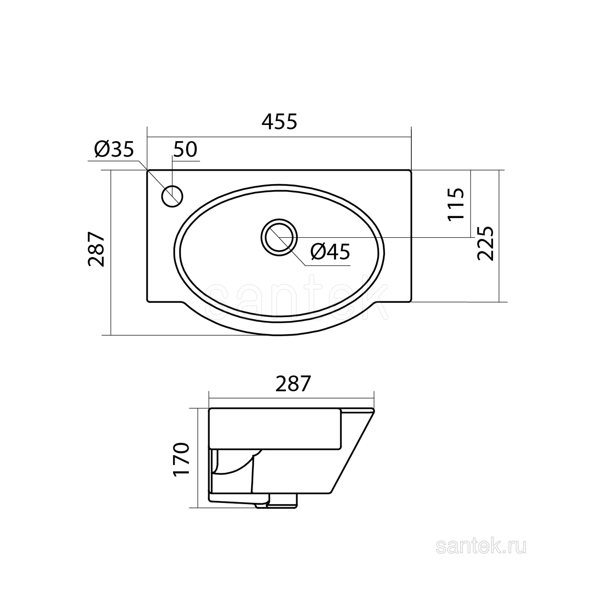 Раковина Santek Форум 45 отверстие под смеситель слева 1WH110542
