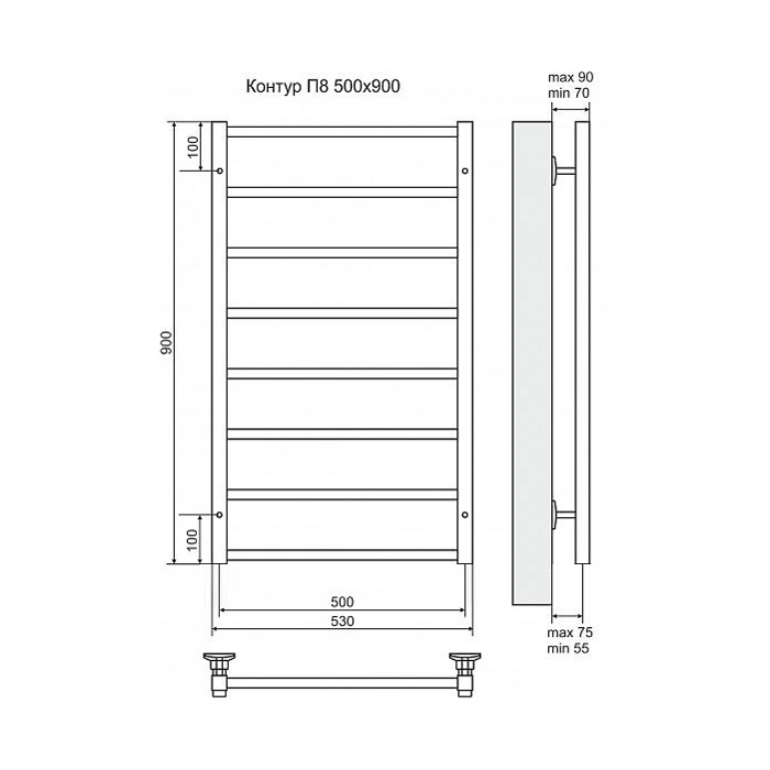 Полотенцесушитель электрический Terminus Контур П8 500x900, ТЭН HT-1 300W, левый/правый