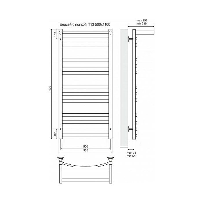 Полотенцесушитель электрический Terminus Енисей П13 500x1100 с полкой, ТЭН HT-1 300W, левый/правый