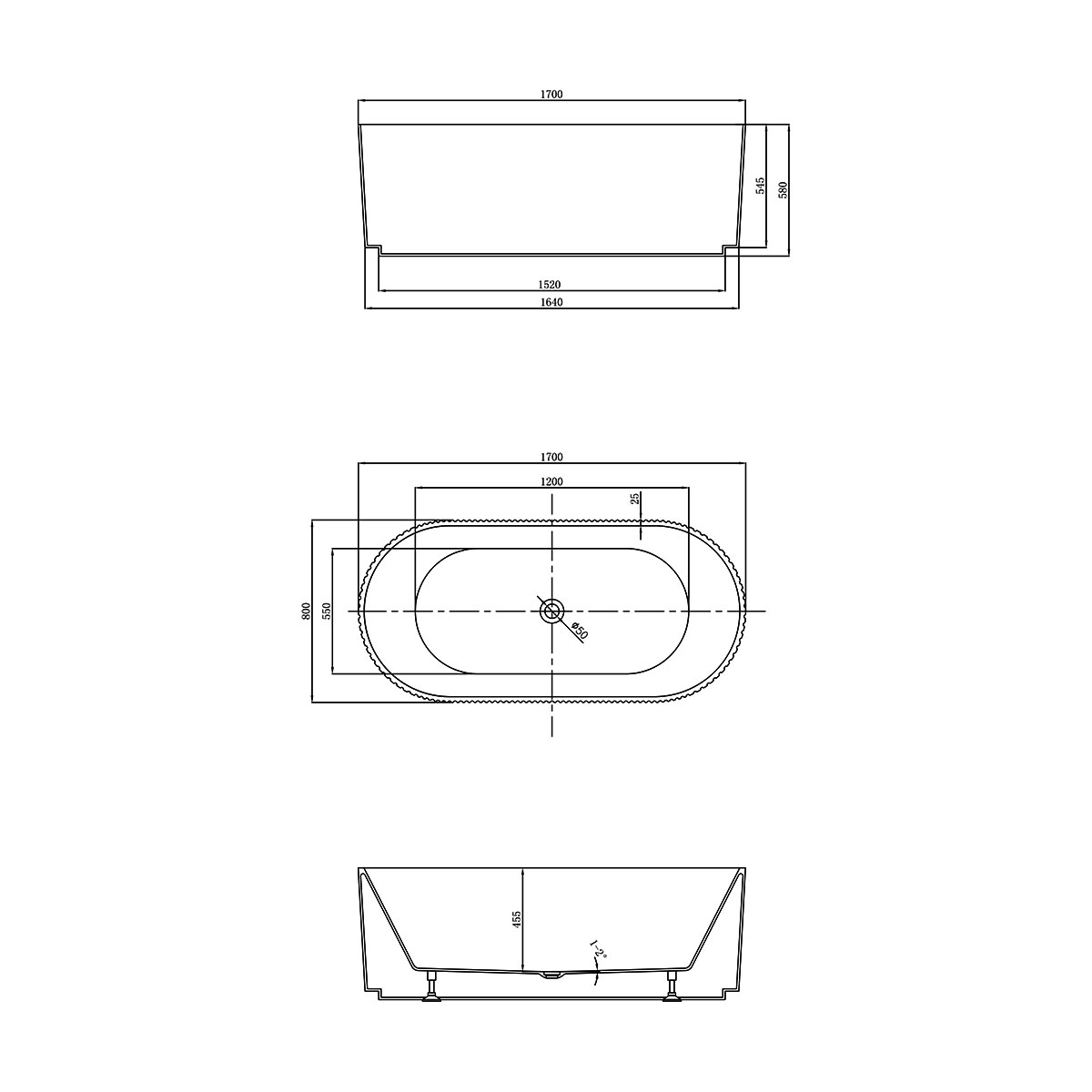Ванна акриловая Vincea VBT-426-1700 1700*800*580, цвет белый, слив-перелив в комплекте, хром