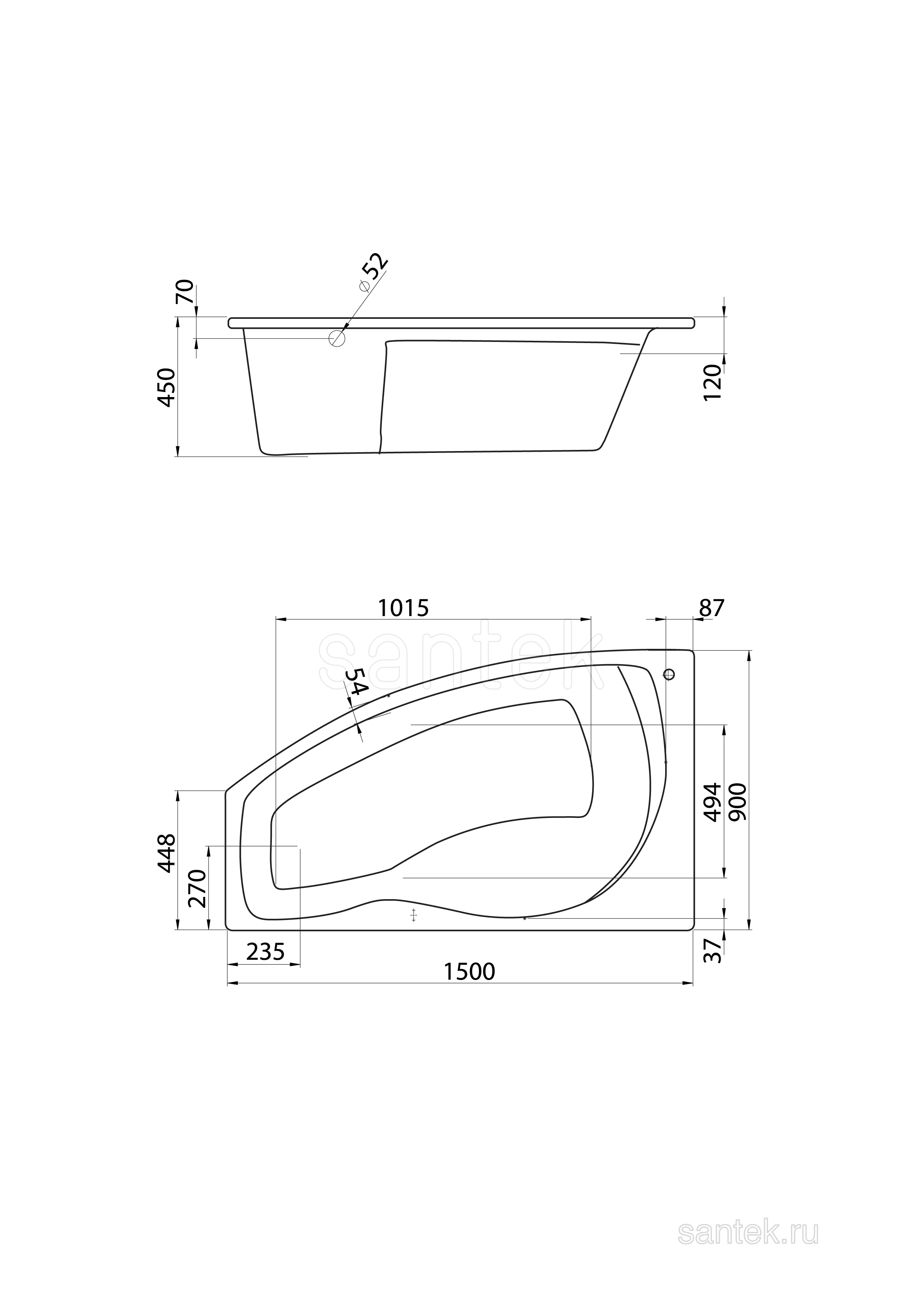 Акриловая ванна Santek Майорка 150х90 L асимметричная белая 1WH111984