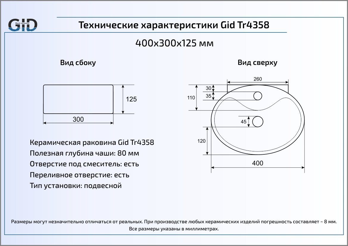 Раковина подвесная 40см Gid Tr4358 белый