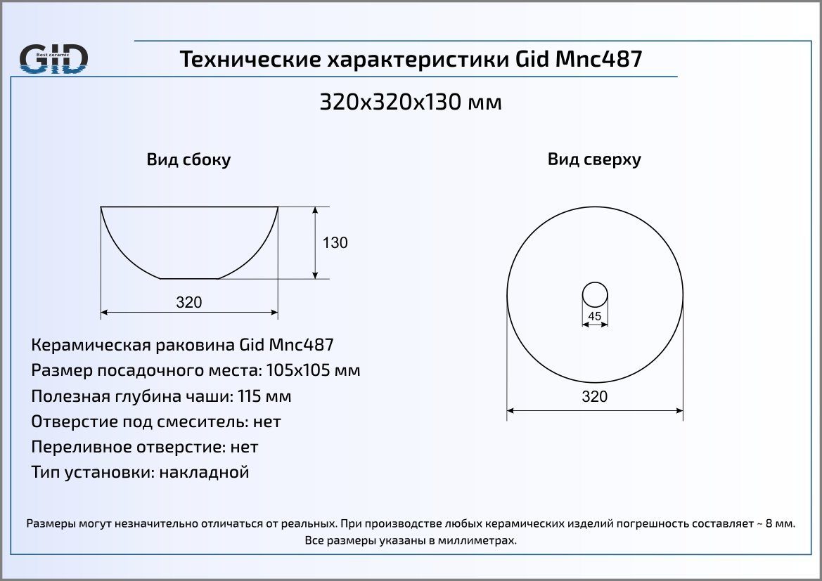 Раковина накладная 32см Gid Mnc487 серый