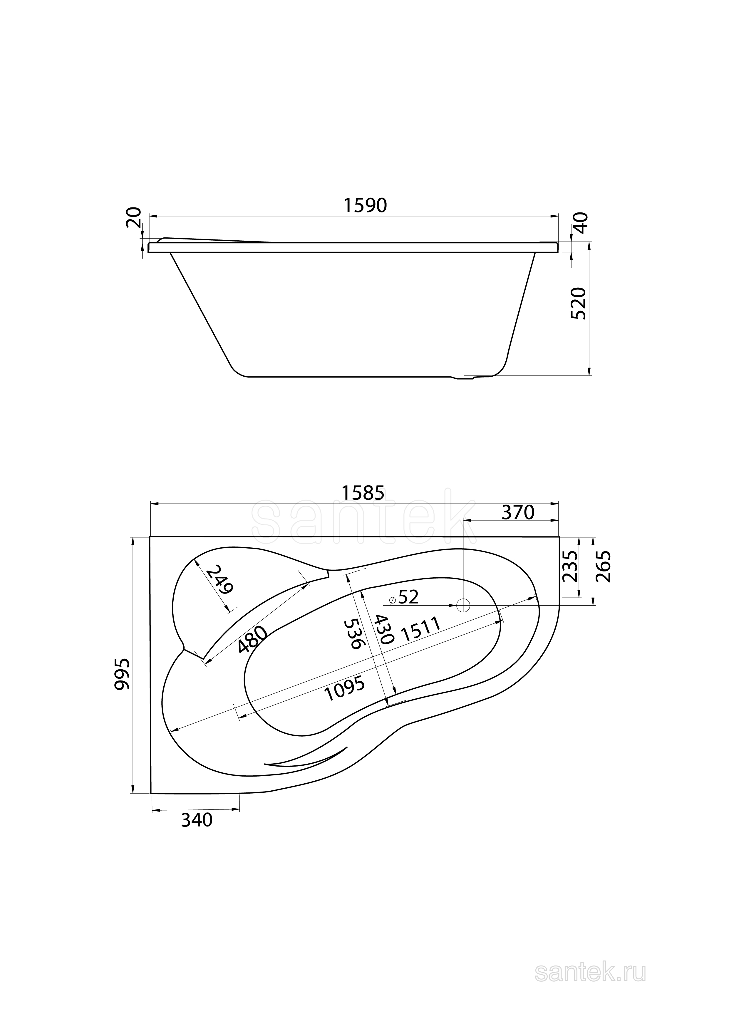 Акриловая ванна Santek Ибица XL 160х100 L асимметричная белая 1WH112036