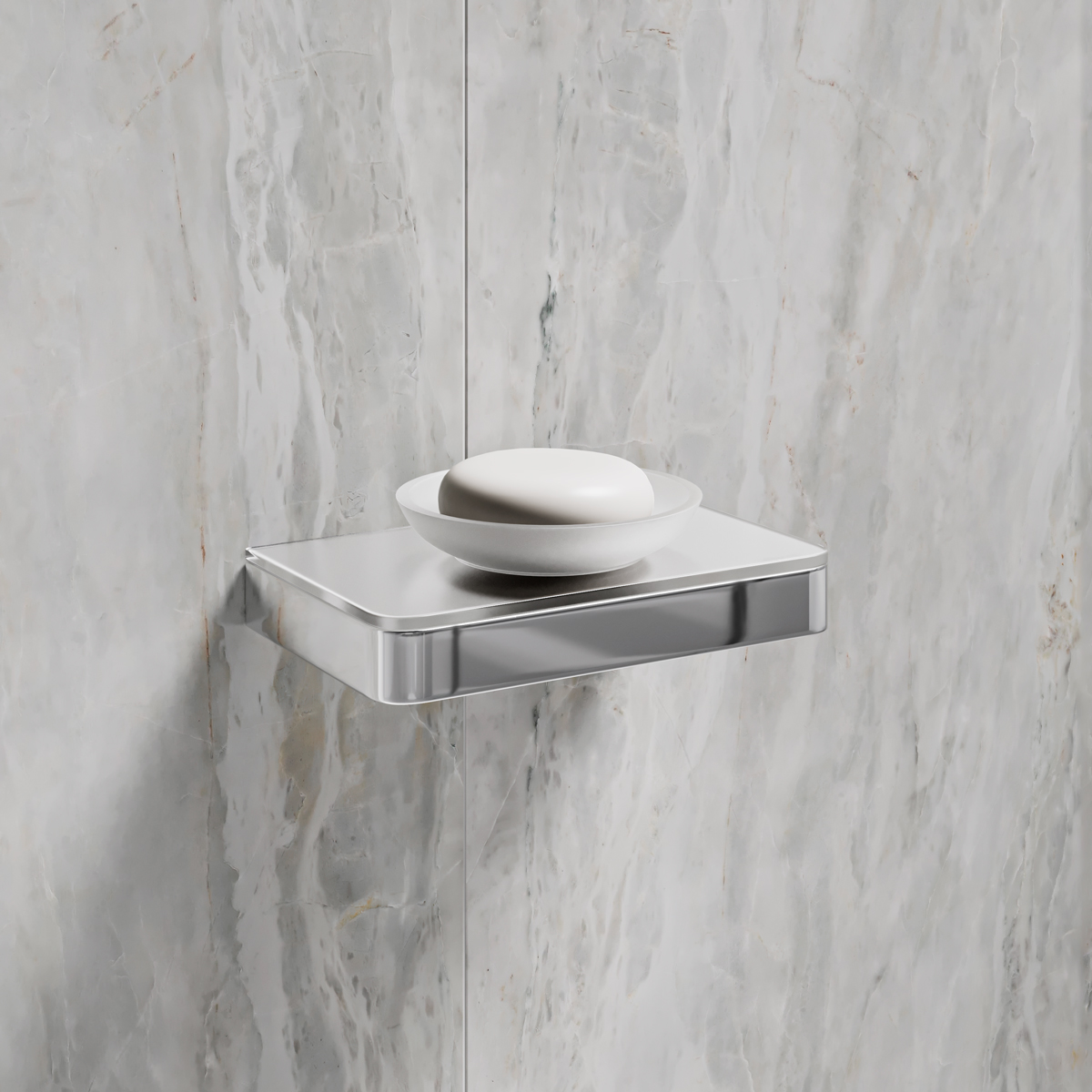 Мыльница Lemark GLASS LINE 9741037 с держателем, хром/белое стекло