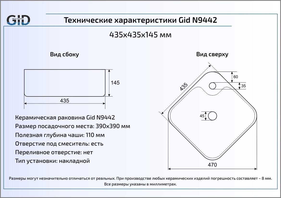 Раковина накладная 43.5см Gid N9442 белый