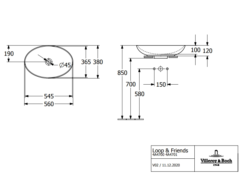 Раковина накладная 56см Villeroy & Boch Loop & Friends 4A470001 белый